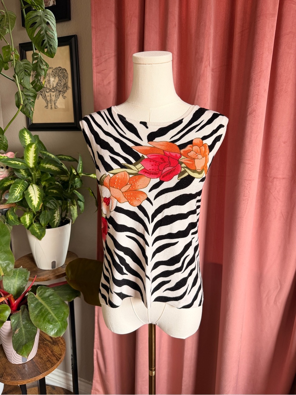 Y2K Zebra-Print Knit Sleeveless Top with Orange Florals